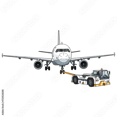 Vector Illustration of Commercial Airplane with Tug Vehicle in Modern Minimalist Style Featuring Gray and Black Colors
