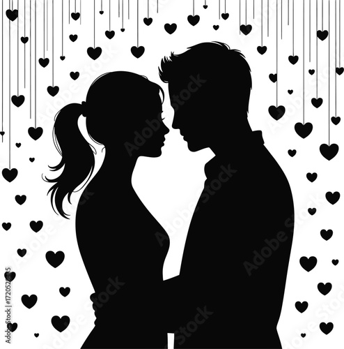 Romantic silhouette of a couple embracing with raining hearts in a loving embrace