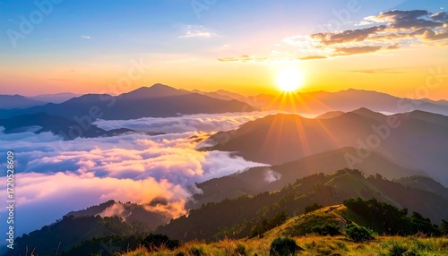 A vibrant mountain range at dawn, sunlight bursting through clouds, creating a breathtaking scenic view, serene and peaceful