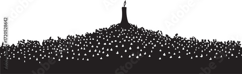 Crowd illustration black and white art design concept for mass population gathering,  silhouette of a single candle lighting many small candles, spreading hope to eradicate poverty