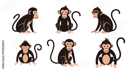 Six monkey icons set Cute primate characters Cartoon animal design Vector illustration Isolated on white background