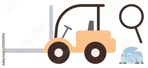 Forklift lifting pallet near magnifying glass and urban city elements. Ideal for logistics, delivery, supply chain, construction, analysis, industrial work, and urban planning. Simple flat metaphor