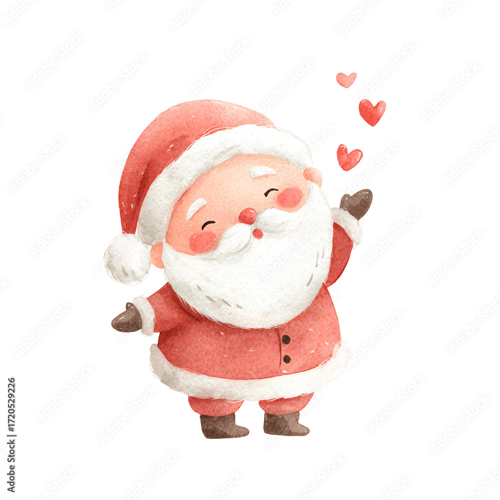 Naklejka premium Happy Santa surrounded by hearts watercolor design