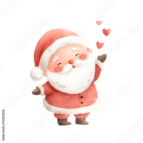 Happy Santa surrounded by hearts watercolor design