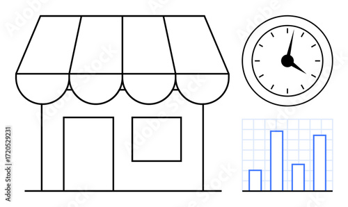 Storefront with striped awning, clock face indicating time, and bar chart representing data analytics. Ideal for small business, time management, productivity, planning, retail, strategy success