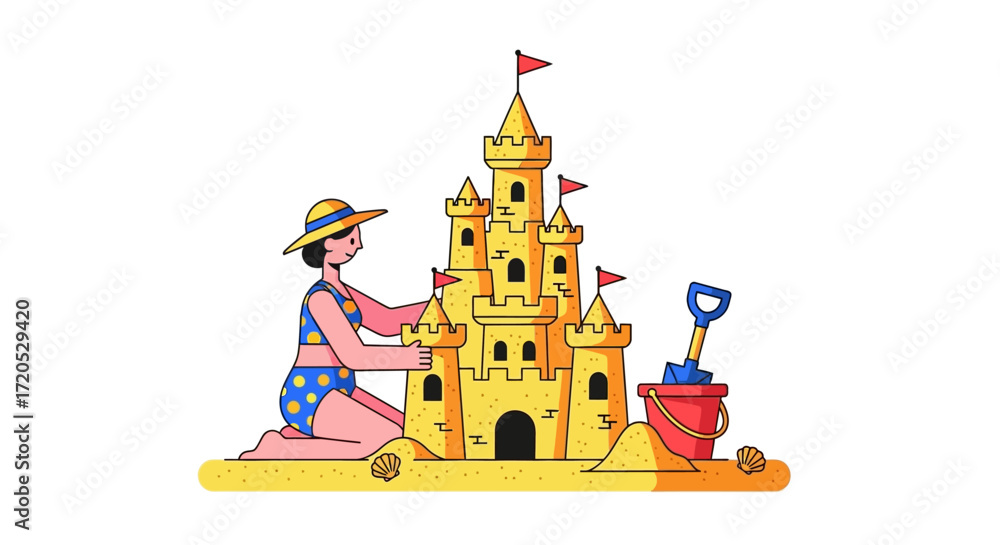 Naklejka premium Woman in a swimsuit building a magnificent sandcastle on a sunny beach with a bucket and shovel.