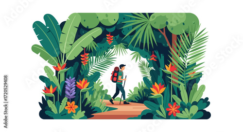 Person hiking through lush green tropical rainforest.