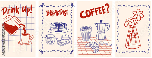 Set of four hand-drawn retro illustrations featuring coffee, breakfast food, and flowers on a grid background.
