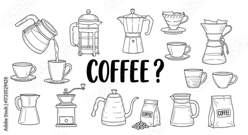 Black and white illustration of various coffee brewing equipment and accessories.