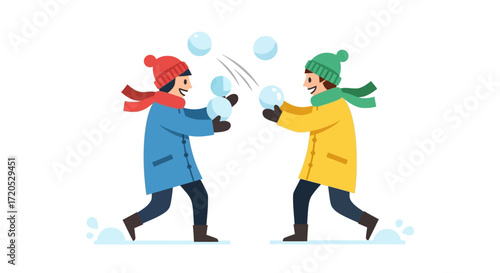 Two children in winter clothing having a snowball fight, throwing snowballs at each other.