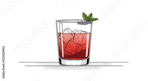 Illustration of a vibrant red cocktail with ice cubes, garnished with fresh mint leaves and dark berries in a clear glass.