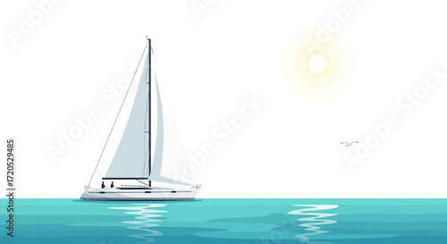 A modern white sailboat glides across a calm turquoise sea under a bright sun on a clear day.