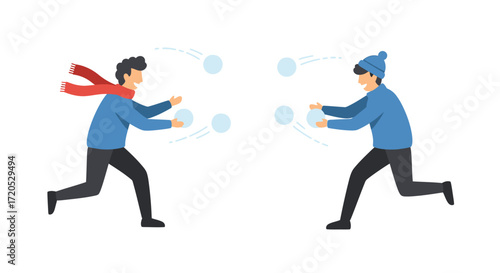 Two people are playing a snowball fight, throwing snowballs at each other in winter.