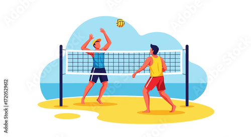 Two men playing beach volleyball on a sunny sandy court with a net and ball, an outdoor summer sport illustration.