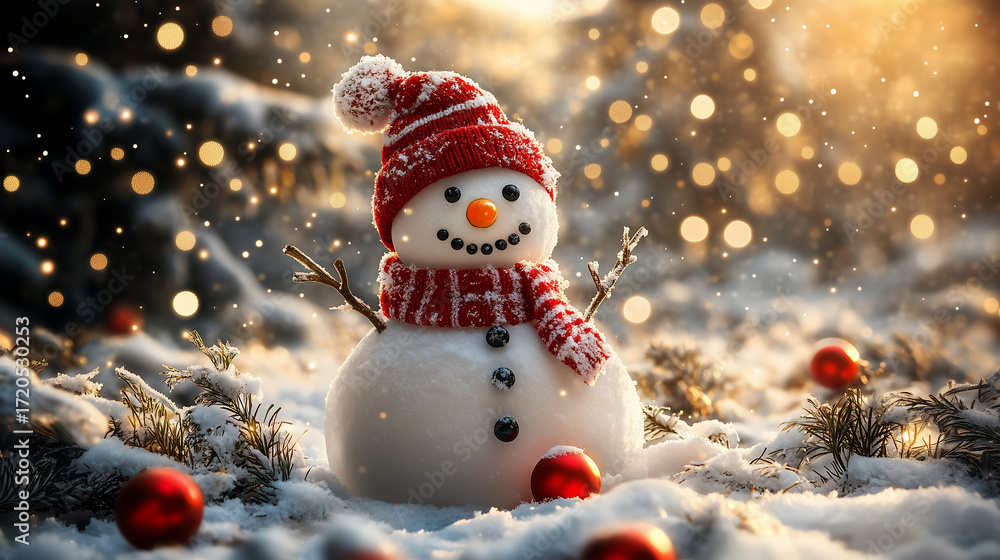 Obraz premium Snowman with striped scarf and hat in snowy Christmas forest background