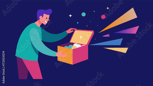 A person opening a memory box and being greeted by a burst of light and color symbolizing the joy and happiness that can be felt when revisiting cherished memories through a. Vector illustration