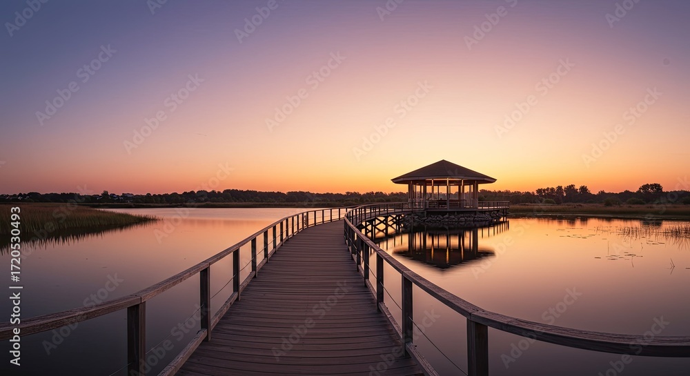 Fototapeta premium Tranquil sunset over a wooden boardwalk leading to a gazebo on a serene lake landscape with