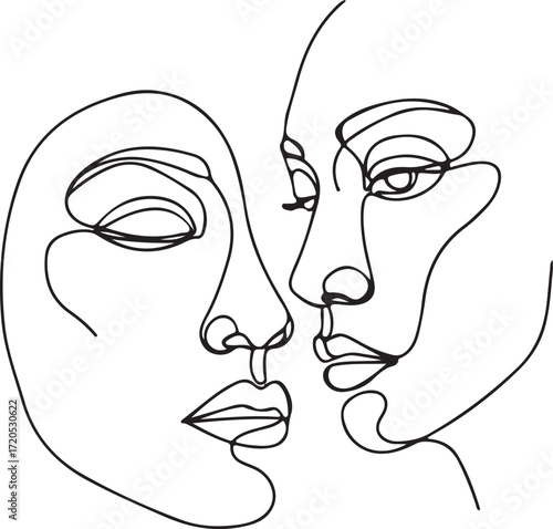Continuous line drawing of two faces in profile, representing emotional connection and intimacy.