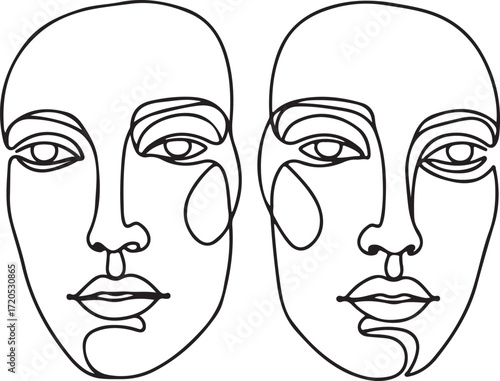 Minimalist line drawing of two faces, featuring an abstract, geometric design with a tear shape.