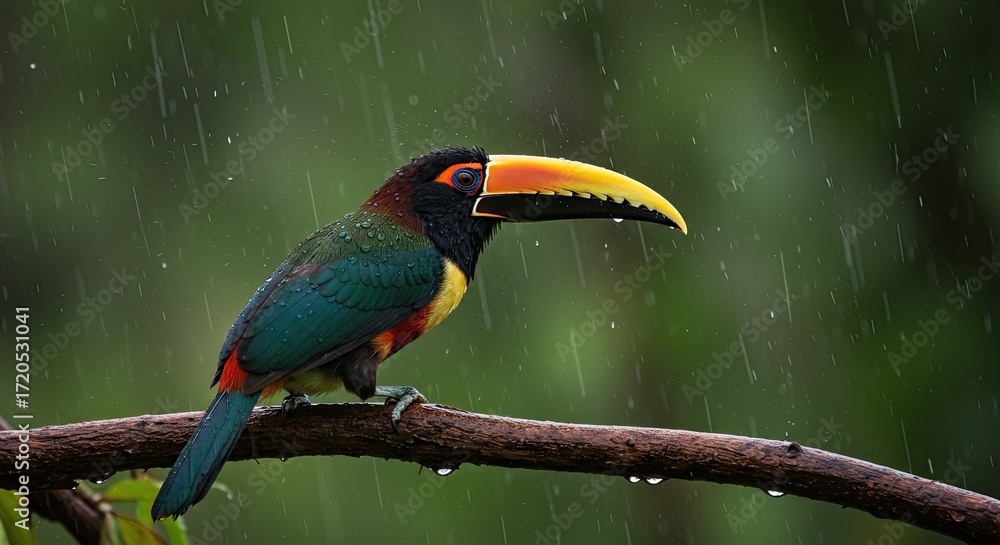 Fototapeta premium Collared aracari perched on a branch during a rain shower in its natural habitat with lush foliage