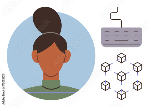 Woman with tied-up hair, keyboard with a cord, interconnected cubes representing blockchain. Ideal for technology, coding, blockchain, software development, innovation, digital transformation