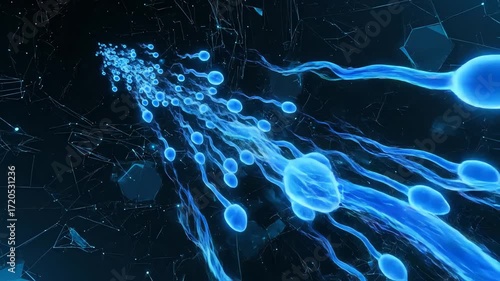 Abstract visualization of blue sperm cells swimming forward, representing fertility and reproduction, with futuristic digital network background