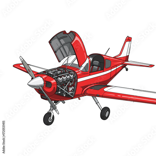 Vector Illustration of Small Red Single-Engine Aircraft with Open Hood in Modern Style