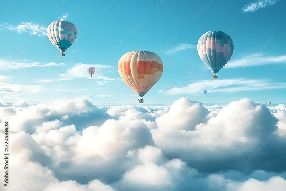 Fototapeta premium Sky High Striped Hot Air Balloons Floating Above Fluffy White Clouds