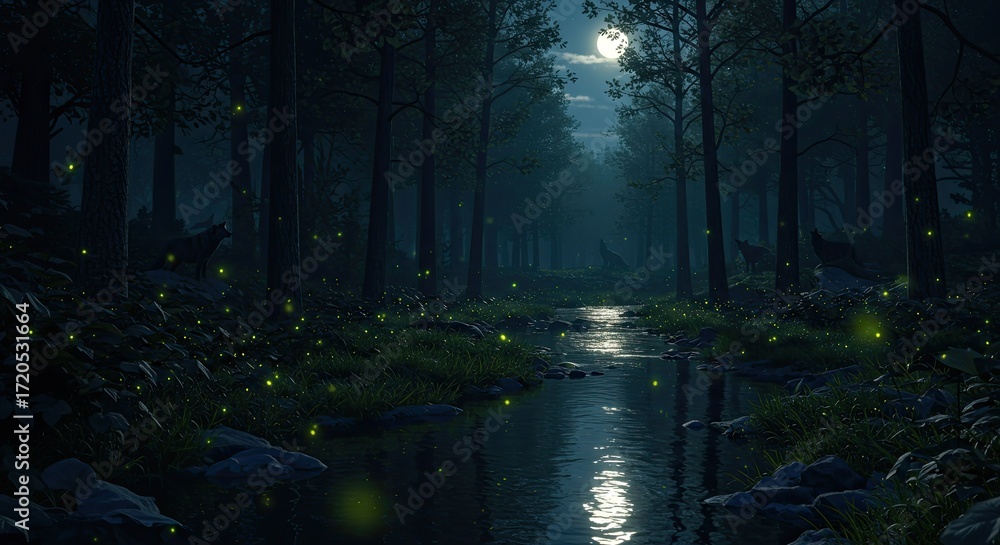Obraz premium Mystical moonlight illuminates enchanted forest stream with fireflies and wildlife view serenity