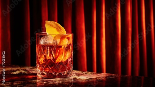 Vertical Shot of Negroni in Vintage Crystal Glass with Orange Garnish against Red Velvet Curtain, Dramatic Lighting for Sophisticated Cocktail Bar Atmosphere