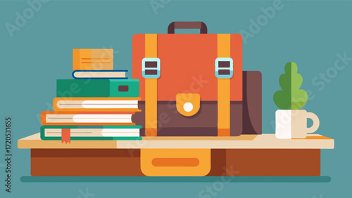A stack of books and a journal on a wooden table with a backpack and camera in the corner representing the nomadic lifestyle of a constant search for knowledge inspiration and new. Vector illustration