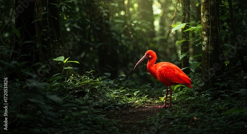 Scarlet Ibis in a Lush Rainforest Setting with Sunlit Canopy and Dense Vegetation