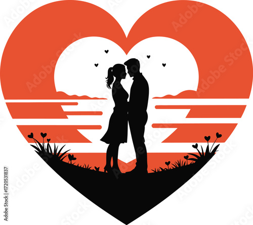 Loving couple embracing against a sunrise heart silhouette