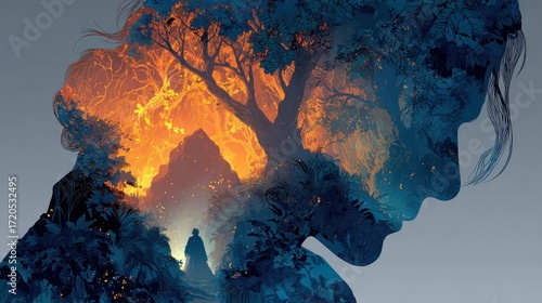 A  Intricate  Portrait  Illustrating  a  Journey  Through  a  Mystical  Forest