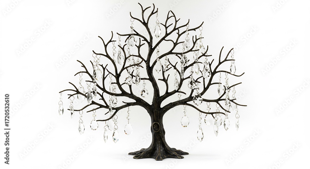 Obraz premium Elegant dark tree jewelry holder softly lit against white background. AI Generated