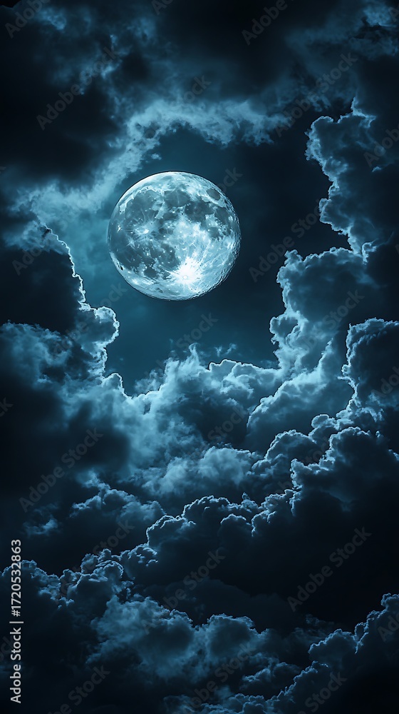 Fototapeta premium Moody Night Sky Featuring a Glowing Moon Surrounded by Dramatic Dark Clouds