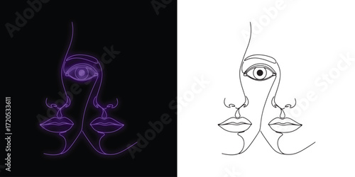 Minimalist twin faces line art in neon purple and white for modern wall decor art