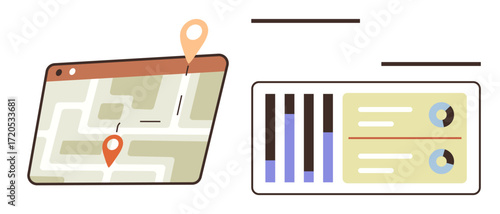 Tablet displaying a digital map with pins and a dotted route beside an analytics panel with graphs and data. Ideal for navigation, business strategy, location analysis, logistics, planning, data
