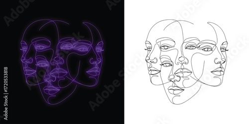 Dynamic line art of woman's face showcases duality and modern aesthetic appeal