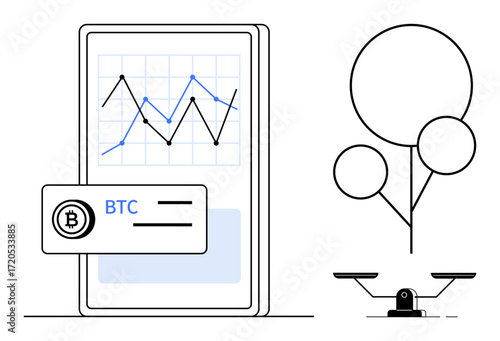 Smartphone displaying BTC graph with rising and falling trends, paired with a balance scale and tree. Ideal for cryptocurrency, finance, investment, growth, digital currency, economy, technology