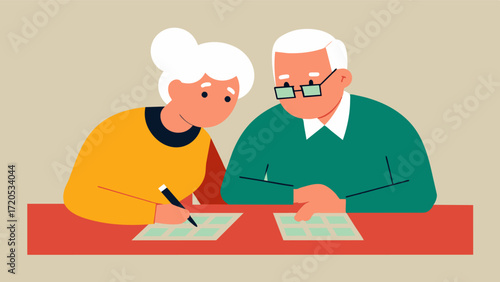 A senior couple working together on a crossword puzzle using their memories and knowledge to fill in the missing words.. Vector illustration