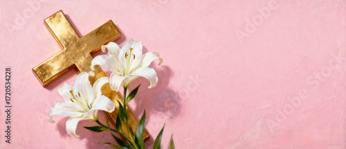 The golden cross and lilies set against a clean backdrop evoke a serene and sacred atmosphere, symbolizing peace, purity, spirituality and dedication in a minimalist setting.Generated by AI
