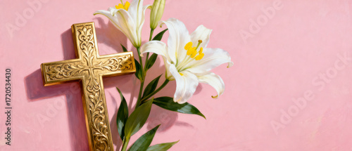 The golden cross and lilies set against a clean backdrop evoke a serene and sacred atmosphere, symbolizing peace, purity, spirituality and dedication in a minimalist setting.Generated by AI