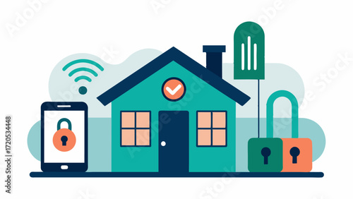 A home equipped with smart locks and doorbells enabling homeowners to monitor and control access to their home from their mobile devices. The message states Upgrade your home. Vector illustration