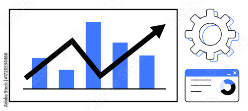 Rising line graph and blue bar chart, gear symbol, and interface window. Ideal for data analysis, business growth, statistics, strategy, finance technology progress tracking. Simple flat metaphor