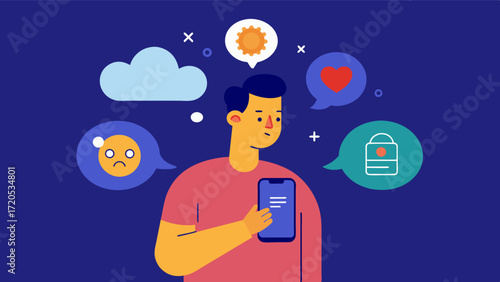 A person using their phone to track their mood and thought patterns with a cognitive therapy app. Vector illustration