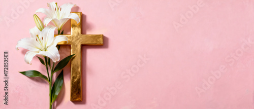 The golden cross and lilies set against a clean backdrop evoke a serene and sacred atmosphere, symbolizing peace, purity, spirituality and dedication in a minimalist setting.Generated by AI