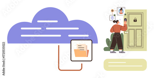 Woman accessing smart lock with face recognition while cloud-based folder and data system connects in background. Ideal for technology, security, digital identity, remote access, cloud storage, data