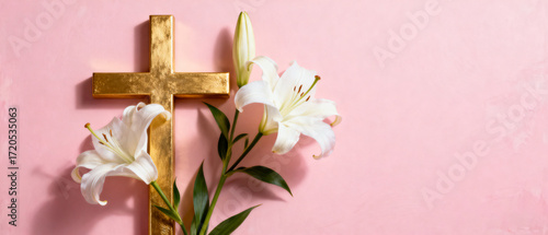The golden cross and lilies set against a clean backdrop evoke a serene and sacred atmosphere, symbolizing peace, purity, spirituality and dedication in a minimalist setting.Generated by AI