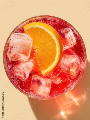 Top-Down View of Campari Spritz in Round Glass with Large Ice Cubes and Orange Slice, Vibrant Red Drink on Minimalist Beige Background, Soft Natural Lighting